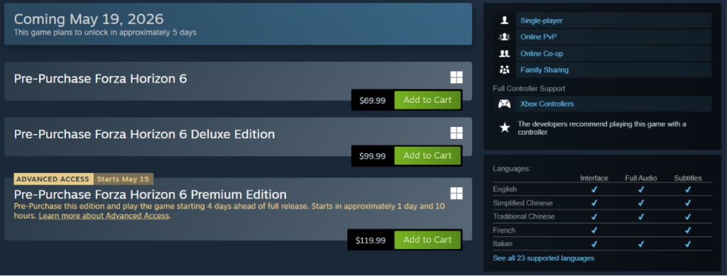 Forza Horizon 6 Pre-Purchase Edition inclusions on Steam .